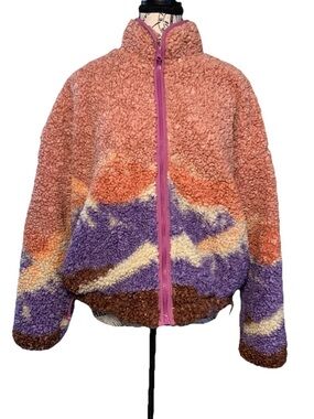 Wild Fable Landscape Faux Fur Full Zip Sherpa Jacket Women’s Sz L Granola